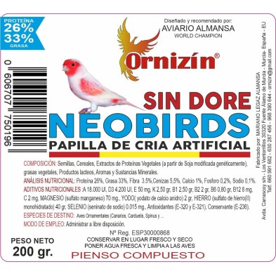 Papilla Neobirds para Cría Artificial sin Dore 200 Gr Ornizín