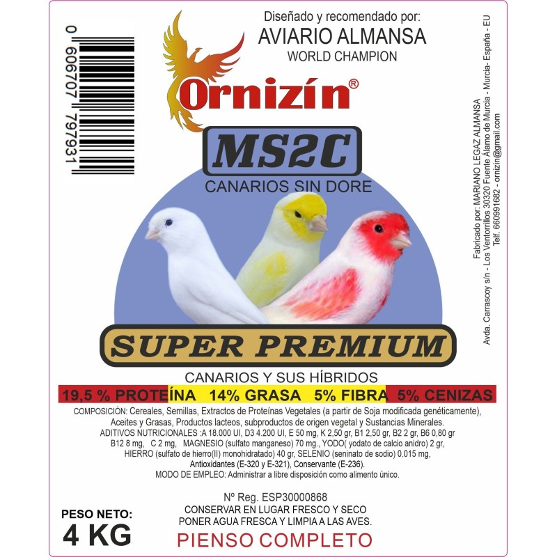 Pienso Superpremium MS2C Canarios Sin Dore Cría 4 Kg Ornizín