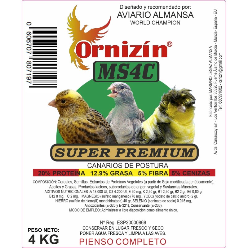 Pienso Superpremium MS4C Canarios de Postura 4 Kg Ornizín